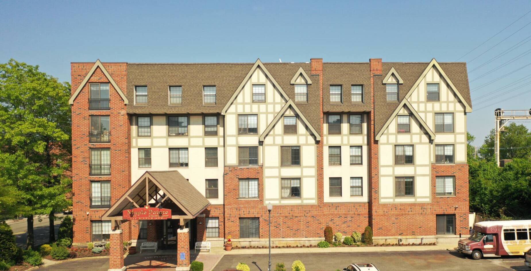 Front exterior of Maple Pointe Senior Living in Rockville Centre, NY in Long Island.